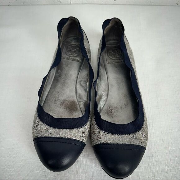 Tory Burch Size 7.5 Navy Blue and Distressed Silver Leather Flats - Picture 2 of 13